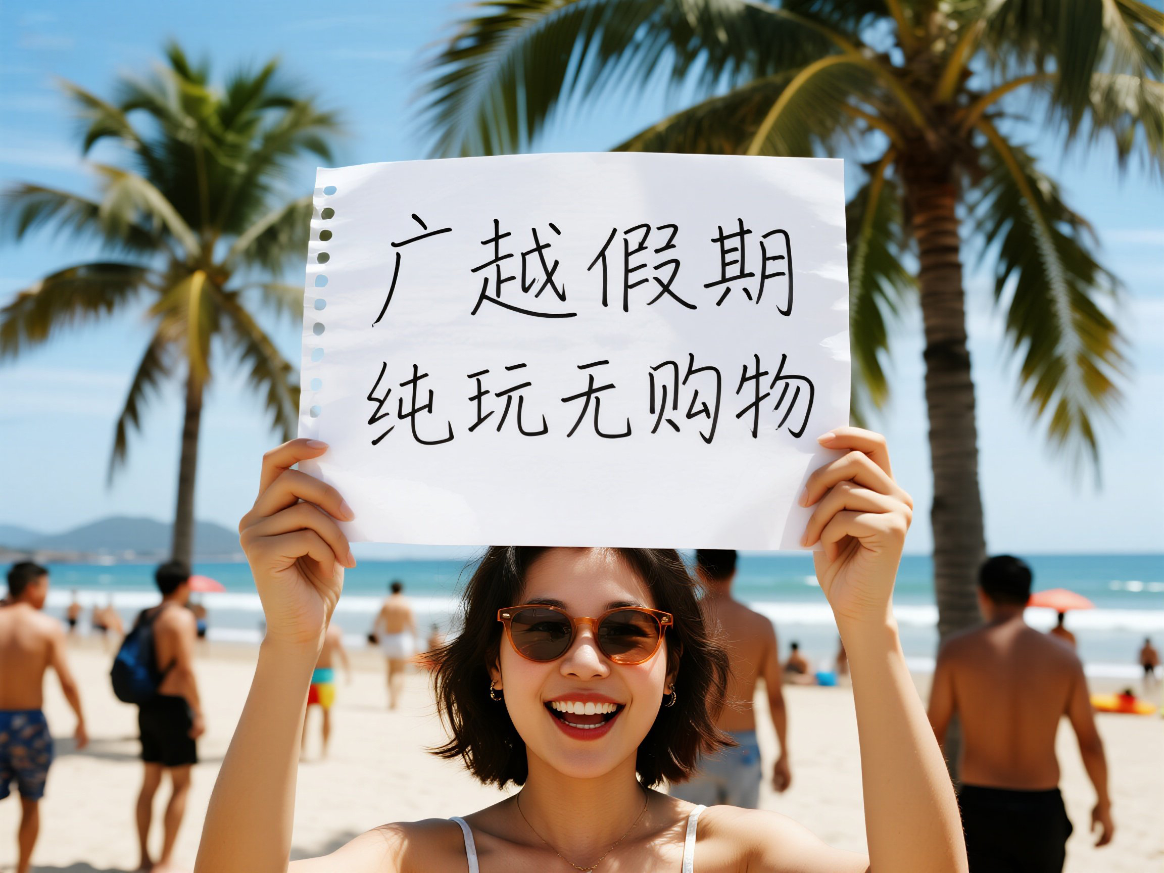jimeng-2025-07-15-1608-椰树沙滩背景中游客群像，中心女游客挥舞_广越假期-纯玩无购物_手写纸牌欢笑，特写..jpg