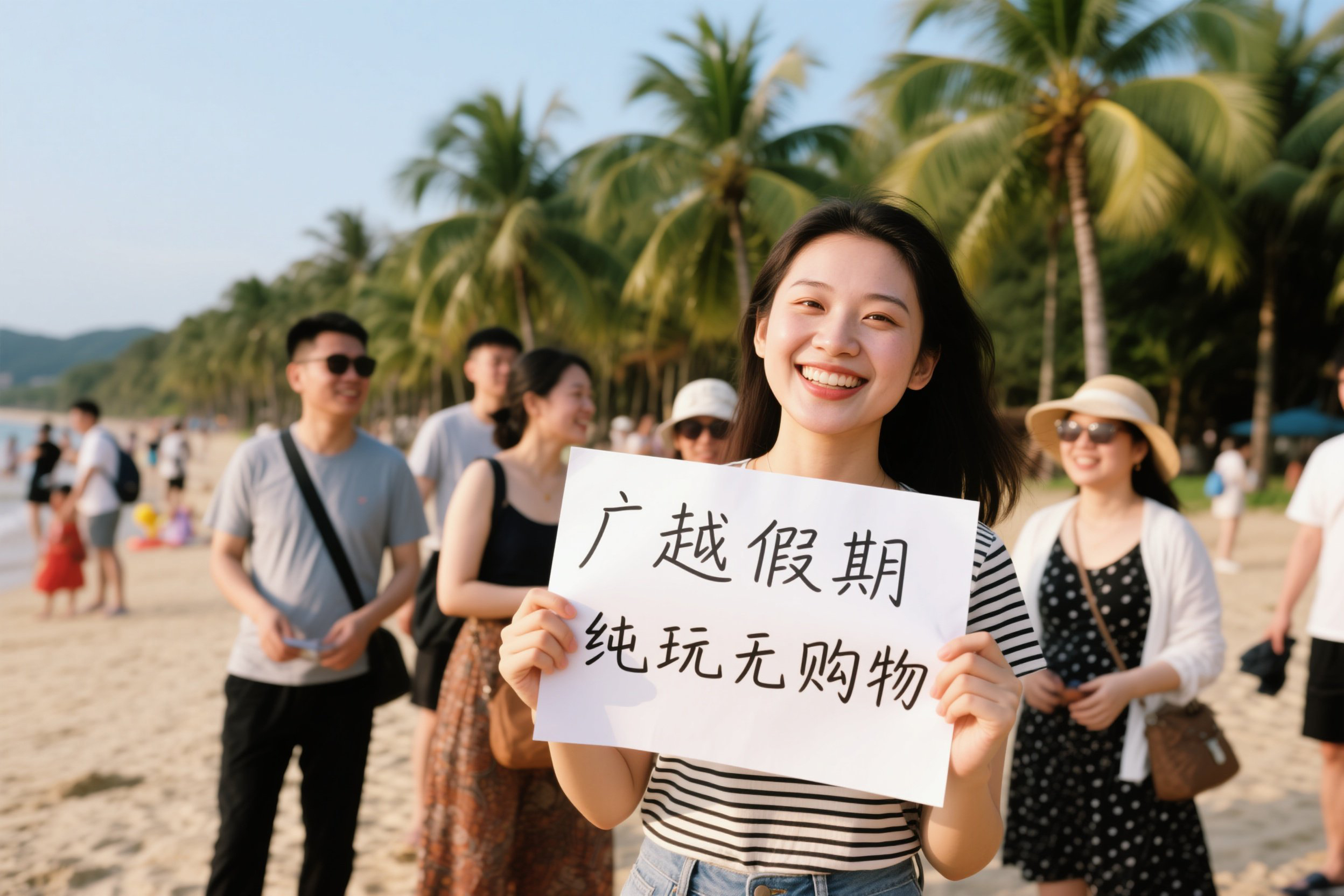 jimeng-2025-07-15-1513-椰树沙滩背景中游客群像，中心女游客挥舞_广越假期-纯玩无购物_手写纸牌欢笑，特写...jpg