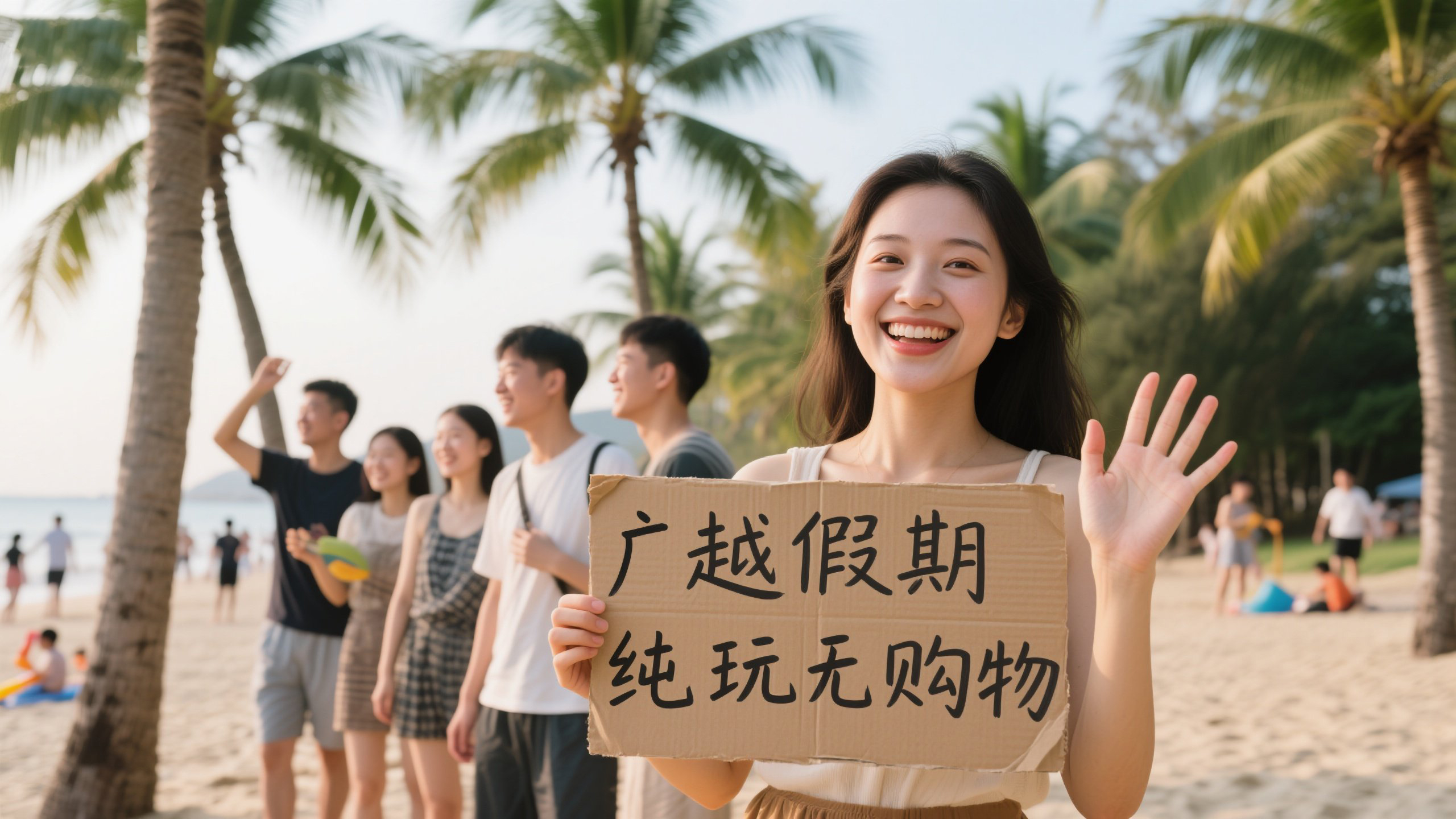 jimeng-2025-07-15-1954-椰树沙滩背景中游客群像，中心女游客挥舞_广越假期-纯玩无购物_手写纸牌欢笑，特写...jpg