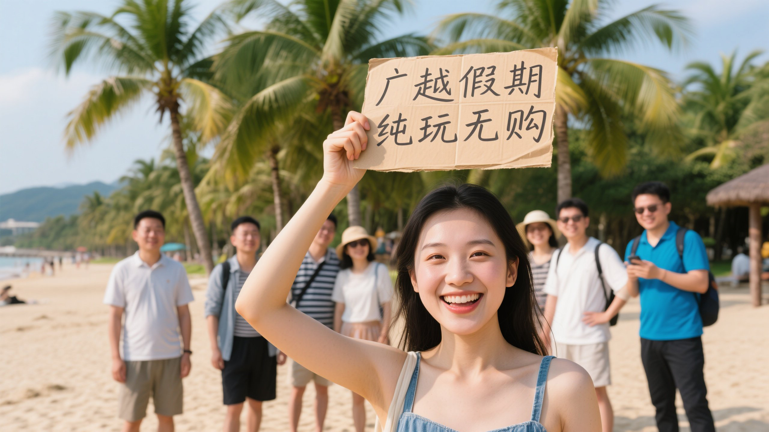 jimeng-2025-07-15-8823-椰树沙滩背景中游客群像，中心女游客挥舞_广越假期-纯玩无购物_手写纸牌欢笑，特写...jpg